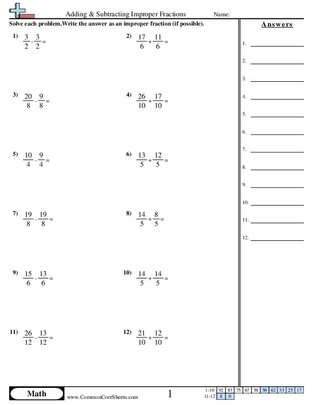 Fraction Worksheets - Improper Fractions (Same Denominator) worksheet